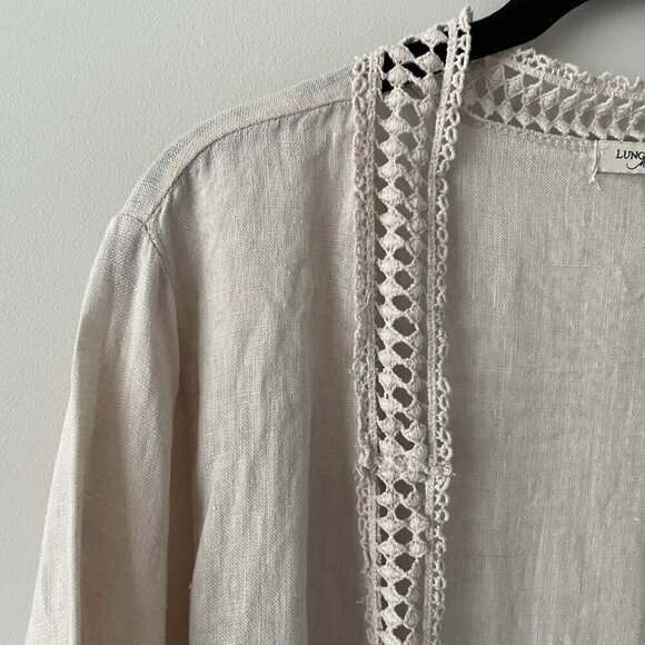 Lungo L'Arno Crochet Trim Linen Open Front Long Sleeve Cardigan Cream Small - Picture 5 of 9